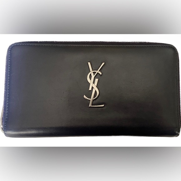 YSL SAINT LAUREN ❤️❤️ ZIP AROUND LONG WALLET BLACK WITH METAL HARDWARE YSL LOGO - Picture 12 of 15